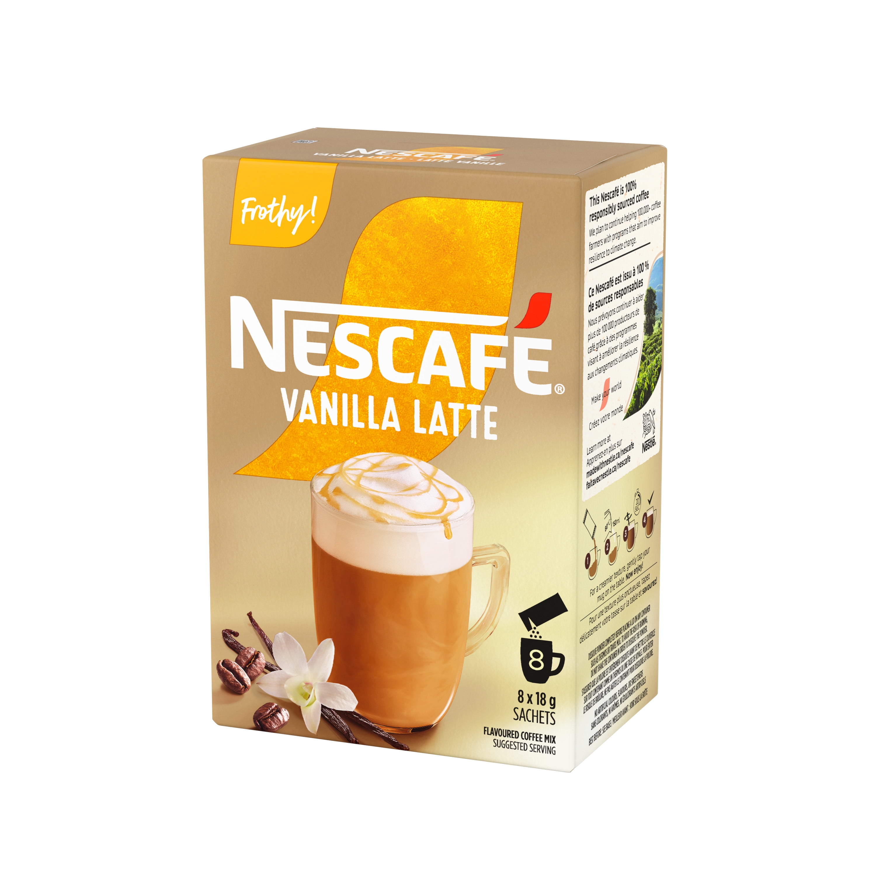 Vanilla latte frothy instant coffee mix, Just add hot water, Responsibly sourced coffee, No artificial colours, No artificial flavours, No wweeteners, 148 g
