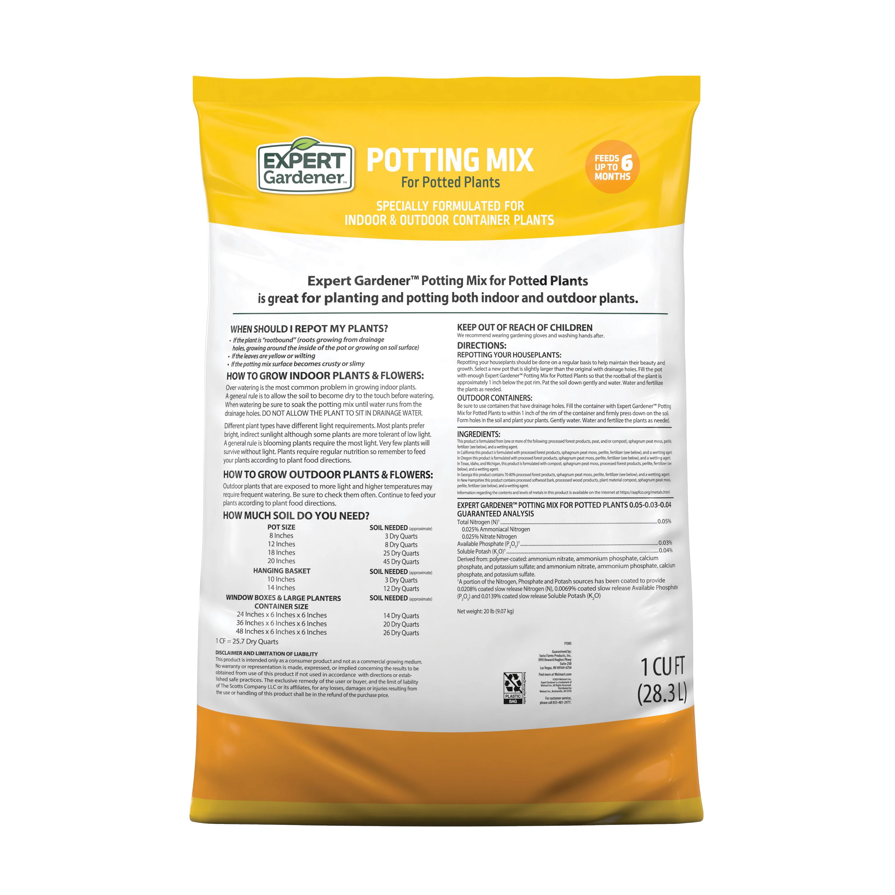 Expert Gardener Potting Mix for Potted Plants, For Indoor and Outdoor Use, 1 cu. ft., Pallet of 80