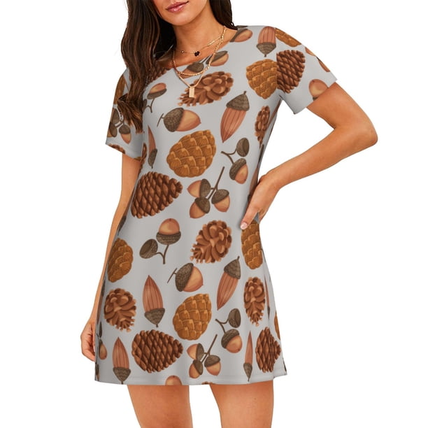 Easygdp Pinecone Autumn Pattern Camisón de manga corta para mujer, informal, estampado