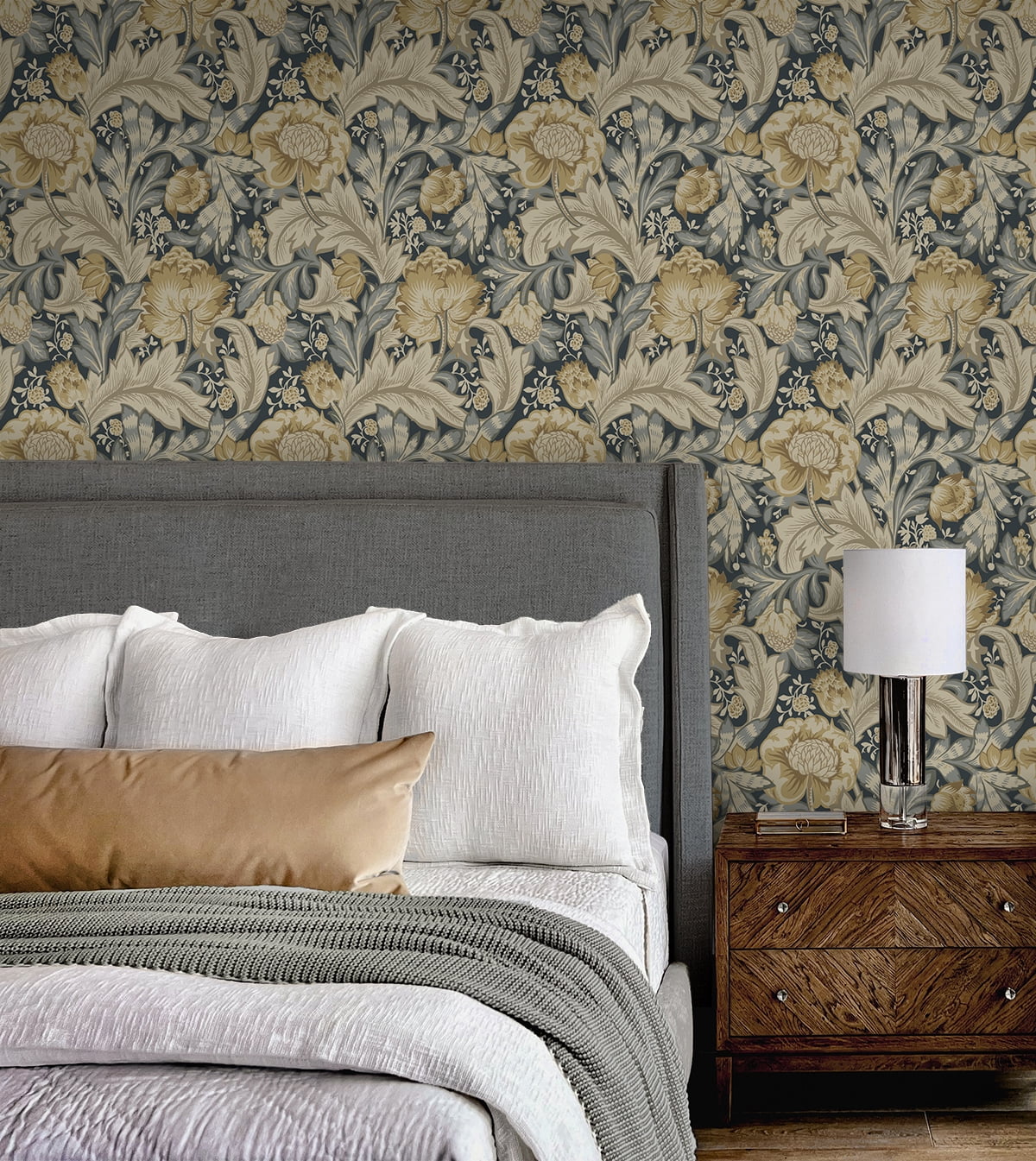 NextWall Midnight Blue & Neutral Acanthus Garden Floral Peel and Stick Wallpaper - 20.9 in. W x 18 ft. L Roll