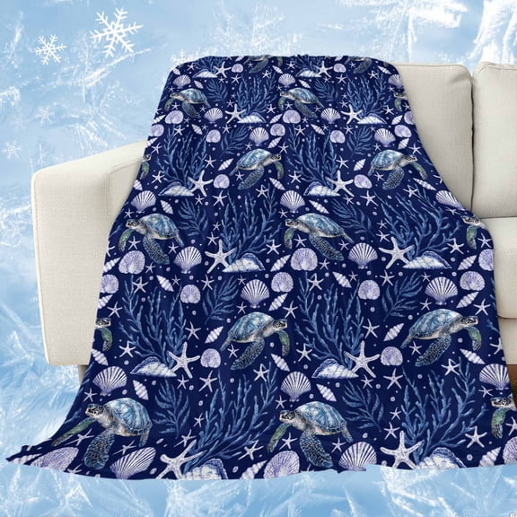Coastal Turtle Cooling Blanket,Lightweight Breathable Summer Throw Blanket with Double Sided Cold Effect,Blue Ocean Starfish Retro Coral Shell Picnic Blankets Bed Sheet for Hot Sleepers 60"x80"