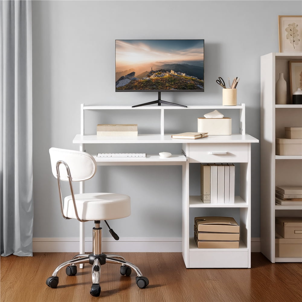 Yaheetech Computer Desk Home Office Laptop Desktop Table with Drawers Storage Shelf Keyboard Tray, White