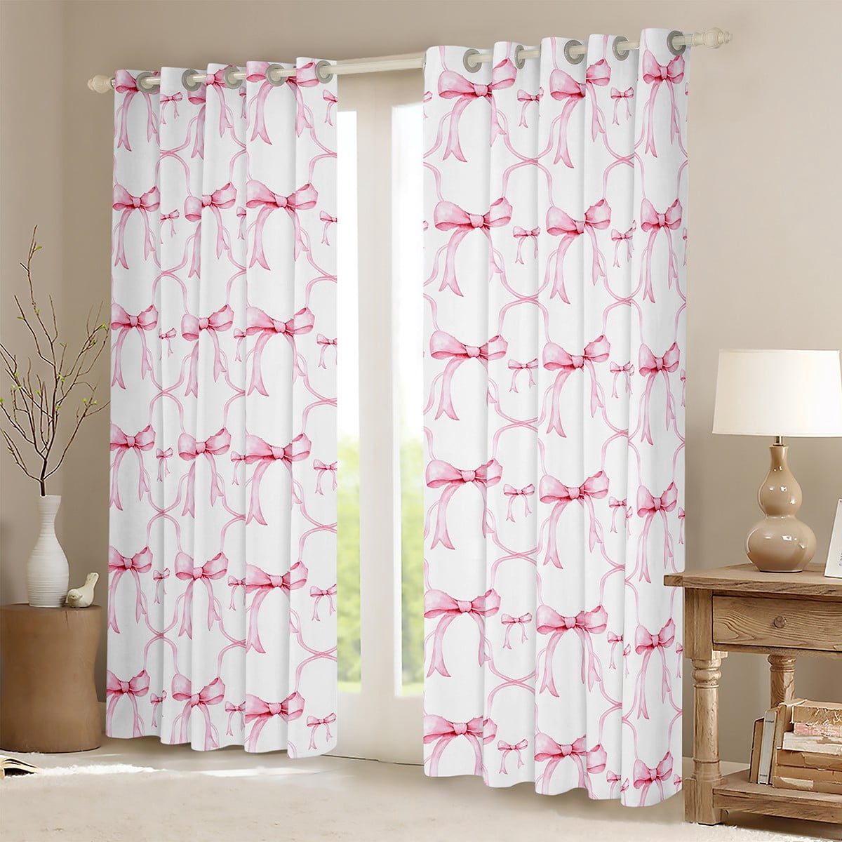 Manfei Cute Bowknot Curtains Pack of 2 (42x63),Girls Ribbon Bow Black Out Curtains,Pink White Curtains for Living Room For Girl,Breathable Bedroom Decor