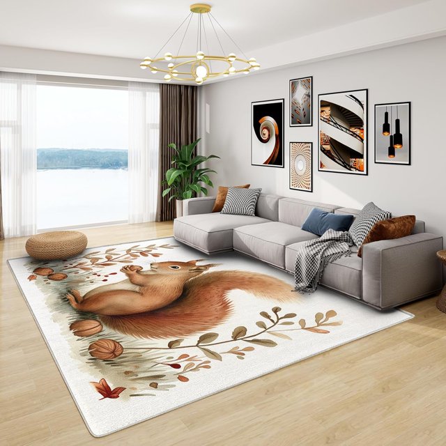 Squirrel Floor Rug - 4x5 Rug - Squirrel Rug - Cute Woodland Animal Area Rug - Kids Forest Animal Rugs - Children Wildlife Carpet