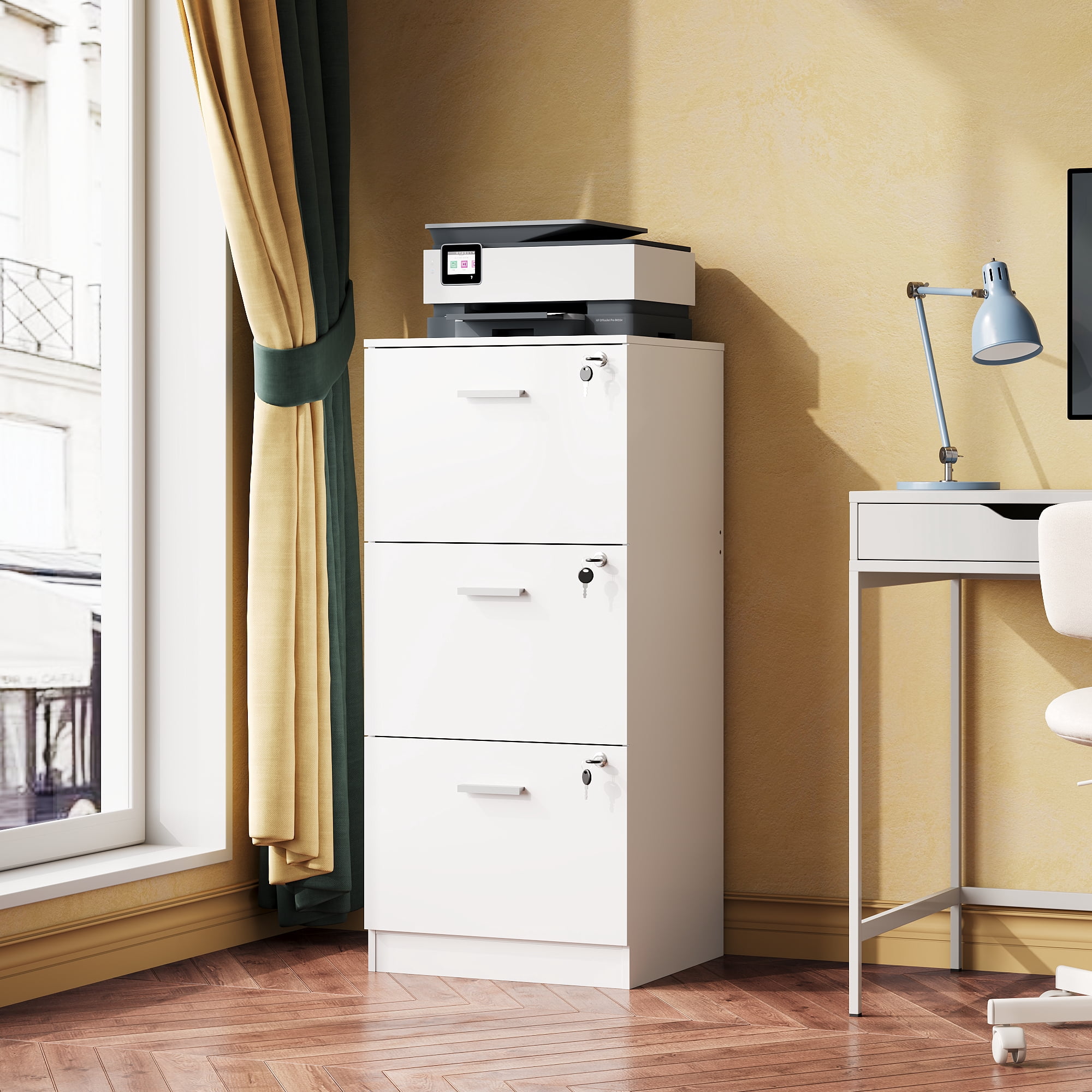 GALAXHERO 3 Drawers File Cabinets, Wood Vertical Filing Cabinet with Lock for Home Office, Letter/A4 Size, White