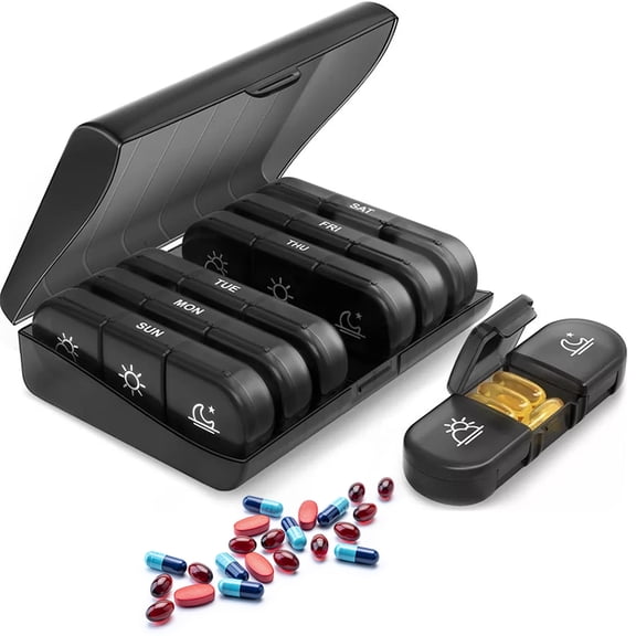 Weekly Pill Organizer 7 Day 3 Times a Day Pill Box Case Daily Medicine Organizer Holder for Vitamin Pills Supplements, Black