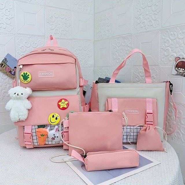 4/5pcs Backpack Crossbody Bag Handbag Drawstring Bag And Pen Bag Set, Simple Solid Color Student Backpack With Cute Badge, Cute Sweet Student Backpack, Girls Backpack, Preppy Large-capacity Travel Back