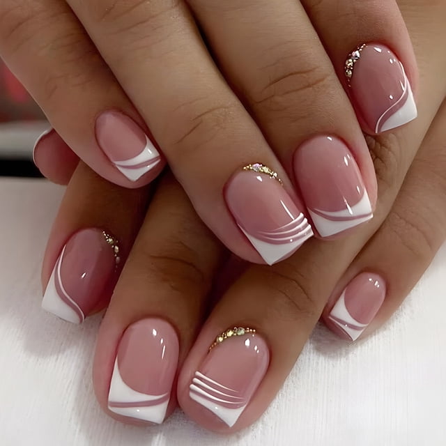 Uñas postizas de cobertura completa, Uñas postizas con purpurina rosa, uñas cortas francesas portátiles, Cabeza Cuadrada, herramienta de manicura