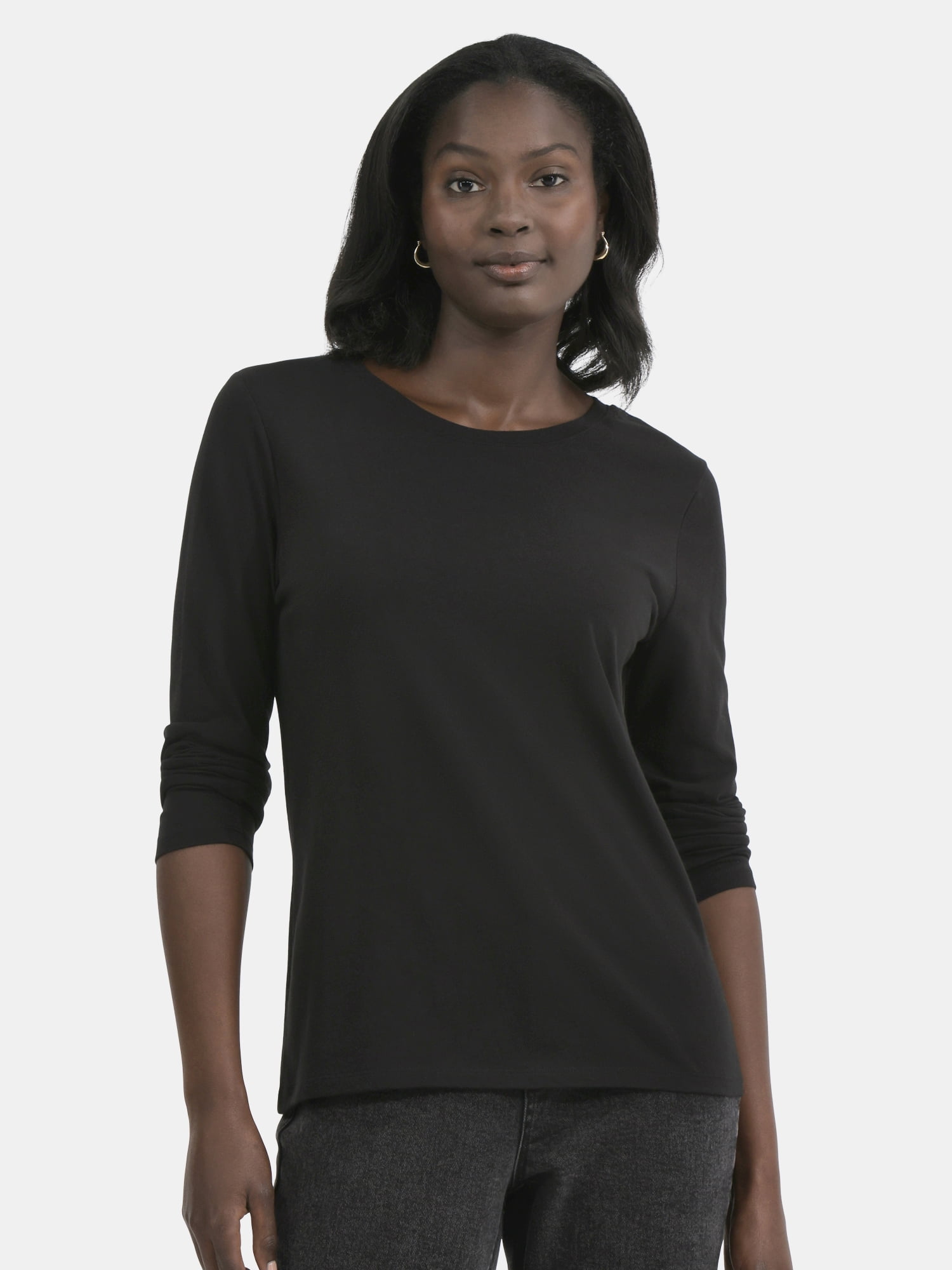 Time and Tru Women's Cotton Crewneck Tee with Long Sleeves, 2-Pack, Sizes XS-XXXL