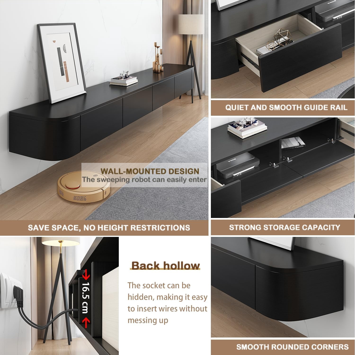 Modern Floating TV Unit with LED Lighting | Wall-Mounted Entertainment Media Console | Large Storage TV Bench for Living Room & Office (Black, 55.1'')