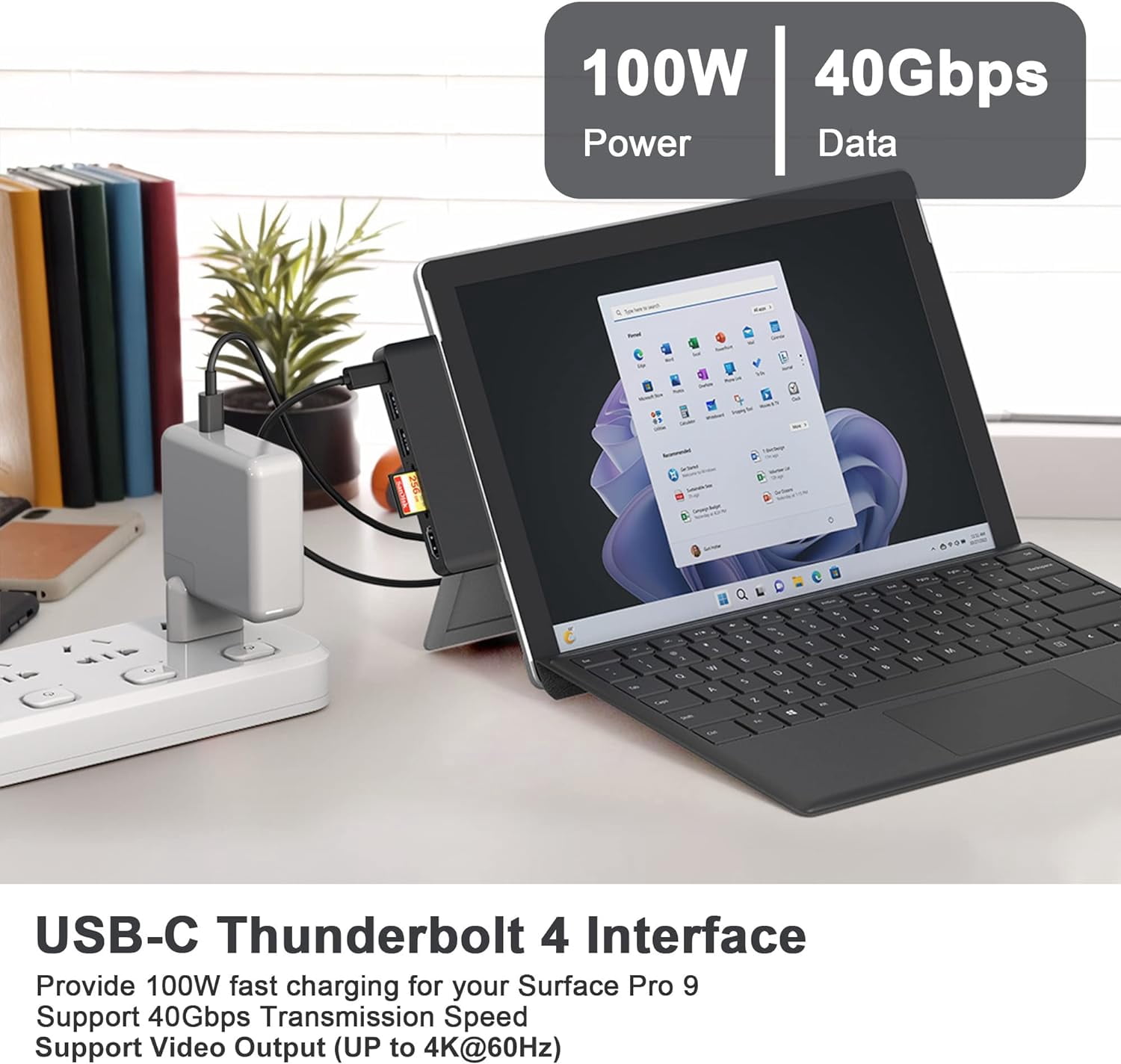 Surface Pro 9 Hub Docking Station Multi Port 6-in-2 with Thunerbolt4 USBC 4K Display 40Gbps Data PD Charging | HDMI | USB3.0 | microSD TF SD Card Reader for Microsoft Surface Pro X/8/9 Black
