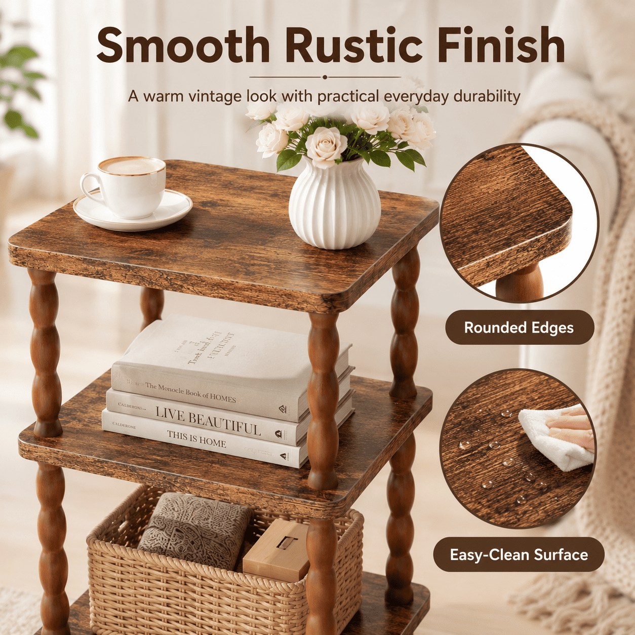 MEHOOM 3-Tier Side Table, Nightstand with Storage, Vintage Accent Table Small End Table for Living Room and Bedroom