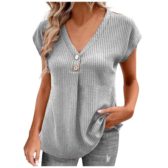 Mittory Womens Summer Waffle Knit Short Sleeve Tops Lightweight Drawstring Hoodies Button V Neck Casual Blouses Shirts