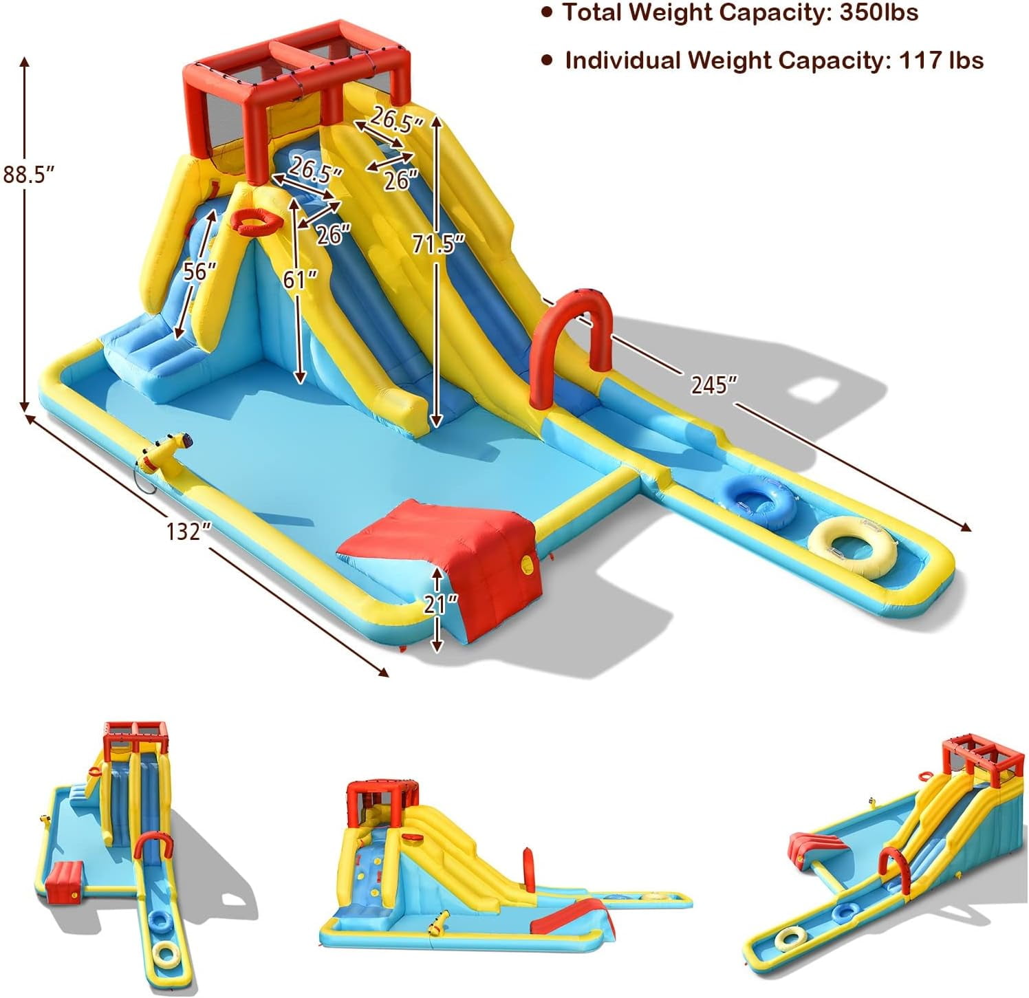 OLAKIDS Inflatable Water Slide, 7 in 1 Bounce House with 2 Slides, Climbing Wall, Splash Pool, Basketball Rim, Water Blaster, Outdoor Water Park with Carrying Bag, Repairing Kit, Hose