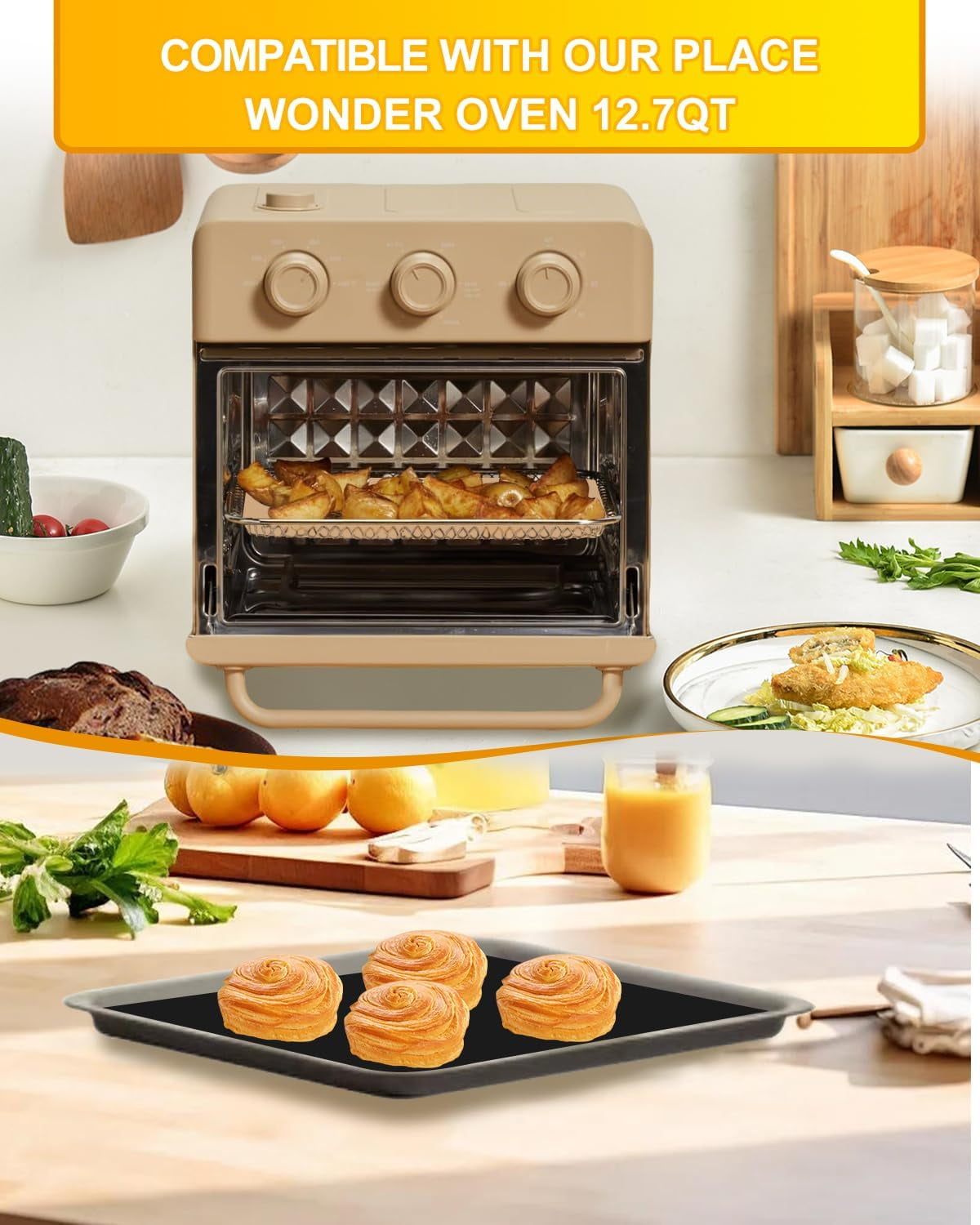 134PCS Air Fryer Liners Compatible with Our Place Wonder Oven 12.7 Quarts, 130PCs Parchment Paper Sheets for Air Frying Baking Roasting and 4PCs Non-Stick Teflon Baking Mats Toaster Oven Accessories