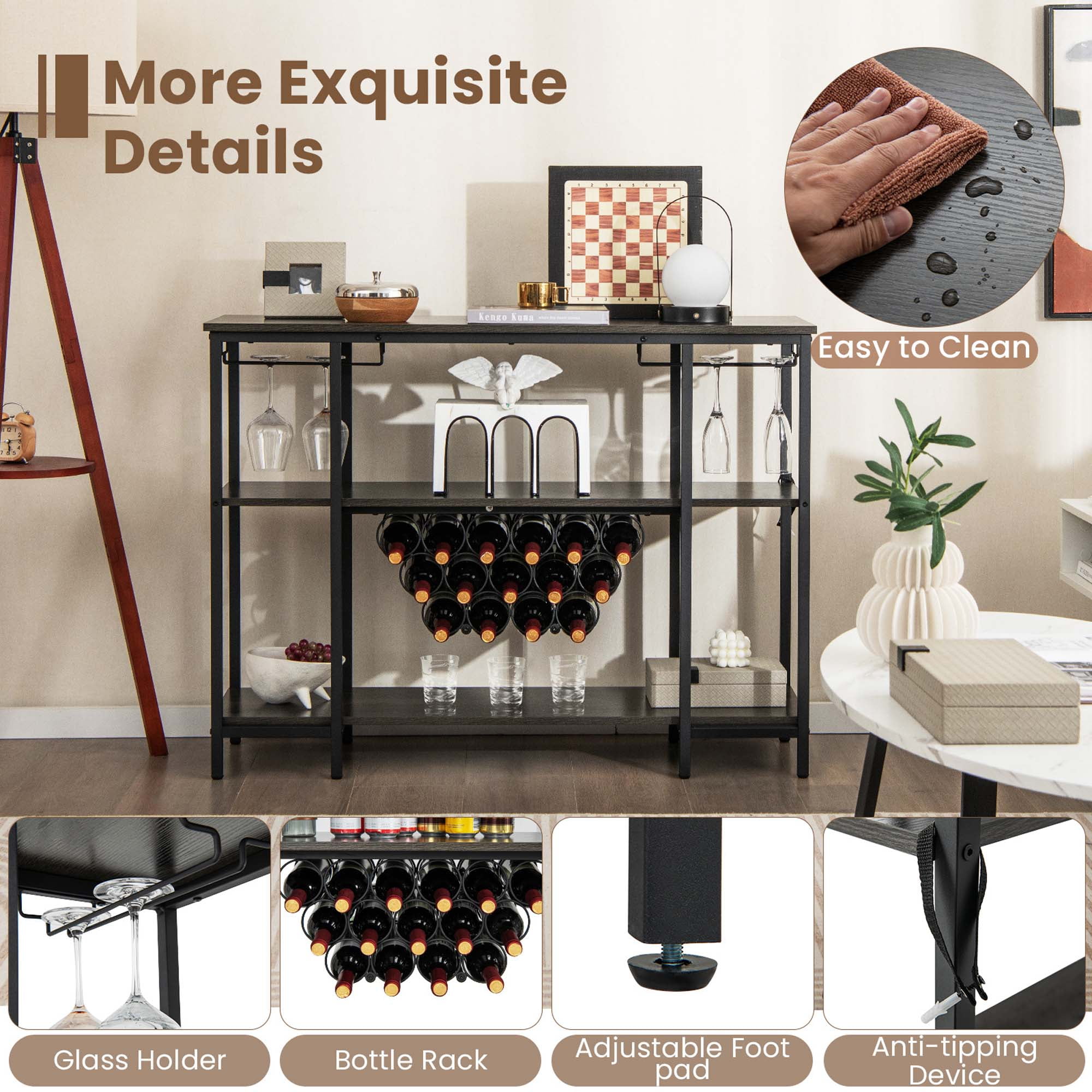 Costway  Cabinet Bar Table Rack Table for Drinks Glasses with Power Outlets Grey