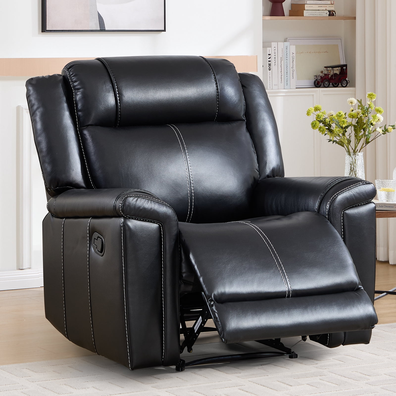 Ebello Faux Leather Manual Recliner, Mid-Century Modern Reclining Chair with Padded Headrest and Armrest for Living Room, Home Theater, Office, Black