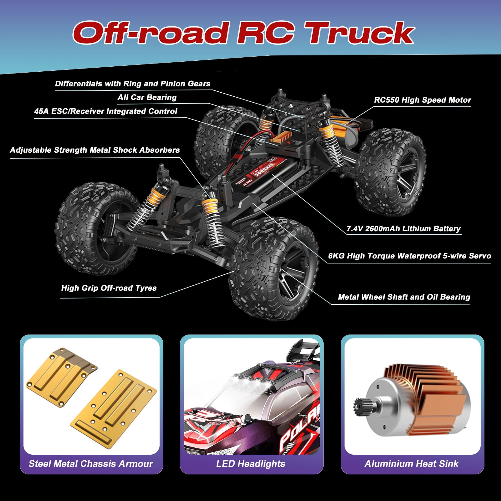 1:8 All Terrain High Speed Off Road RC Cars For Adult, 45KM/H Racing Drifting Climbing Truck, 2.4Ghz Remote Control, LED Lights, 2 Rechargeable 2600mAh Batteries