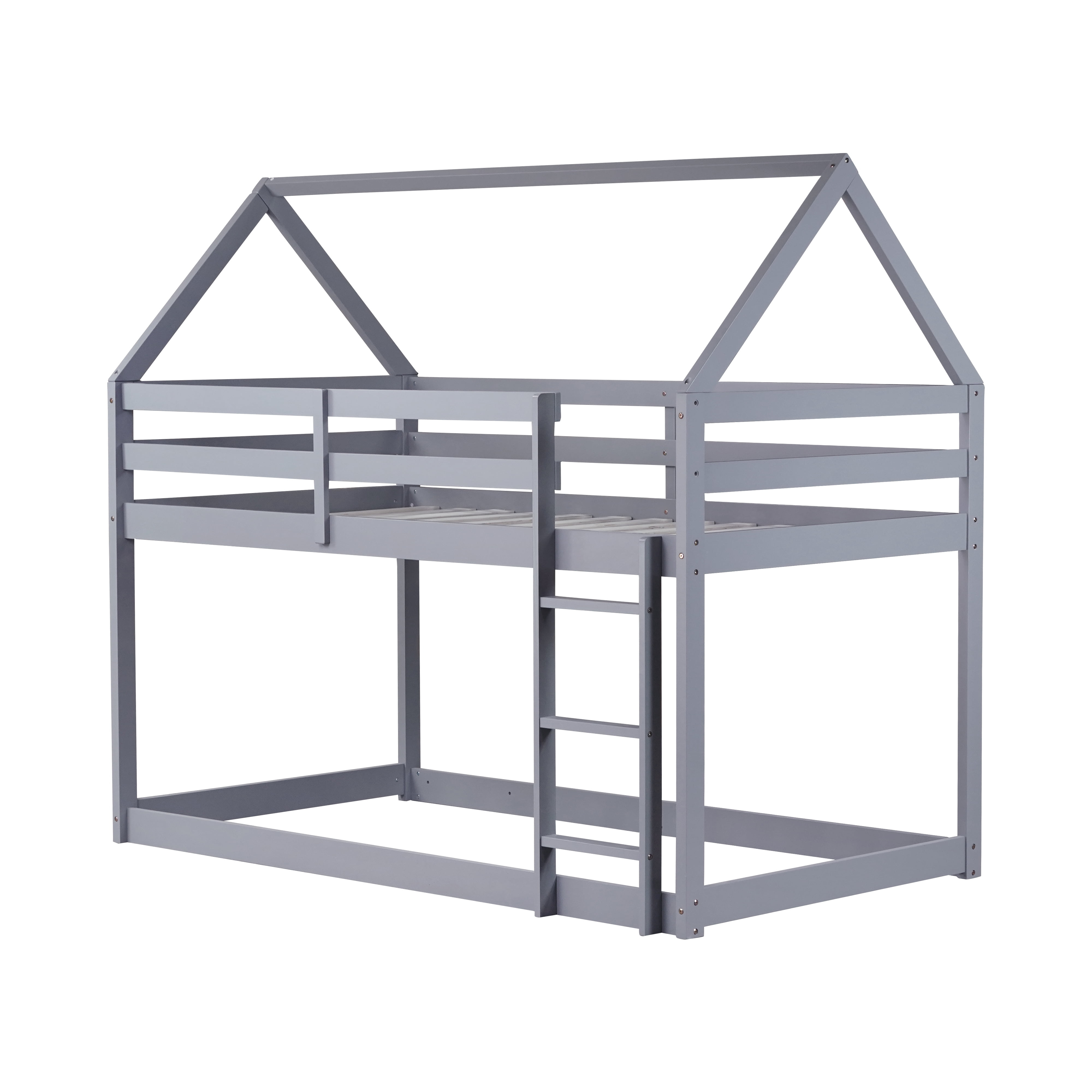 Miniyam Wood Twin over Twin Bunk Bed, House-Shaped Design for Kids and Teens, Gray