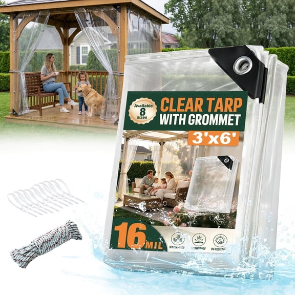 3x6 FT Heavy Duty Clear Tarp , 16 Mil PVC Vinyl Clear Tarpaulin, Clear Plastic Tarp for Porch Patio Pavilion Garden Furniture Reinforced Edges