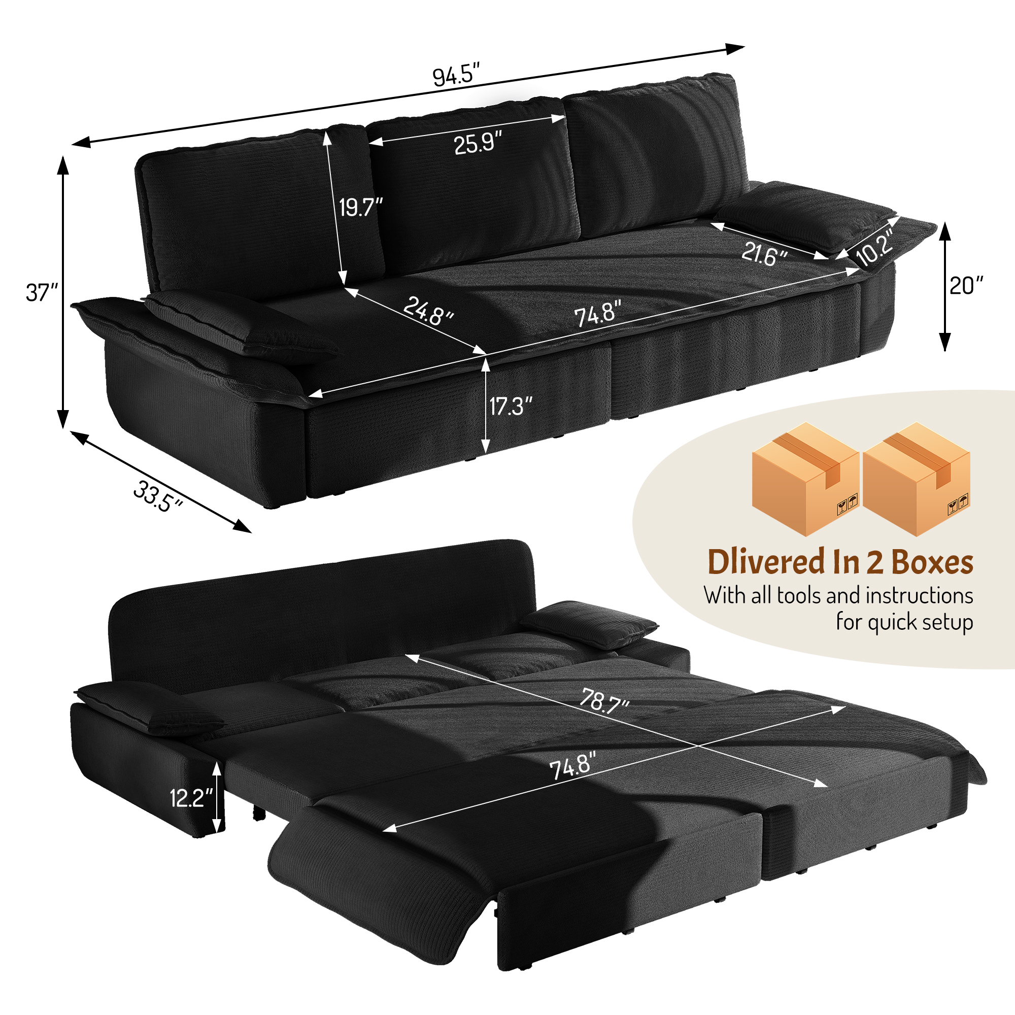 Leumius 94.5" Pull Out Sofa, King Size 3-in-1 Convertible Sleeper Sofa Bed, Multi-Functional Corduroy Bed for Living Room Bedroom Black