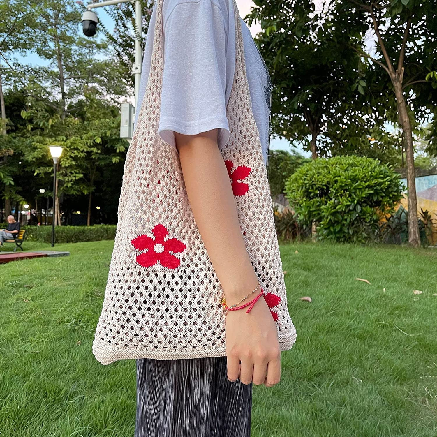 Kukuzhu Fairycore Crochet Tote Bag Y2K Grunge Knitted Shoulder Bag Flower Hollow Out Purse Cottagecore Accessories