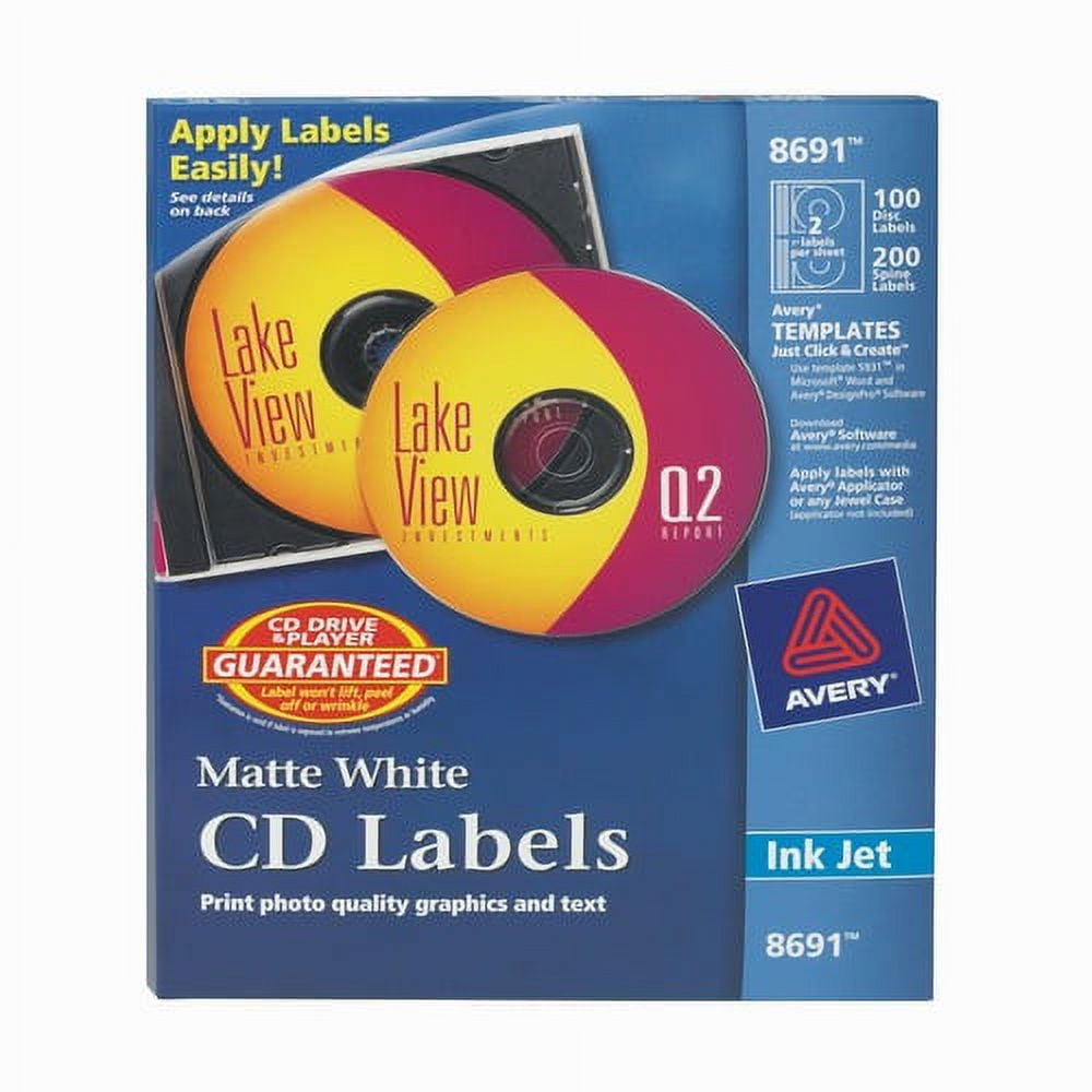 Avery CD Labels, Matte White, 100 Disc labels & 200 Spine labels (8691) White - 100 / Pack