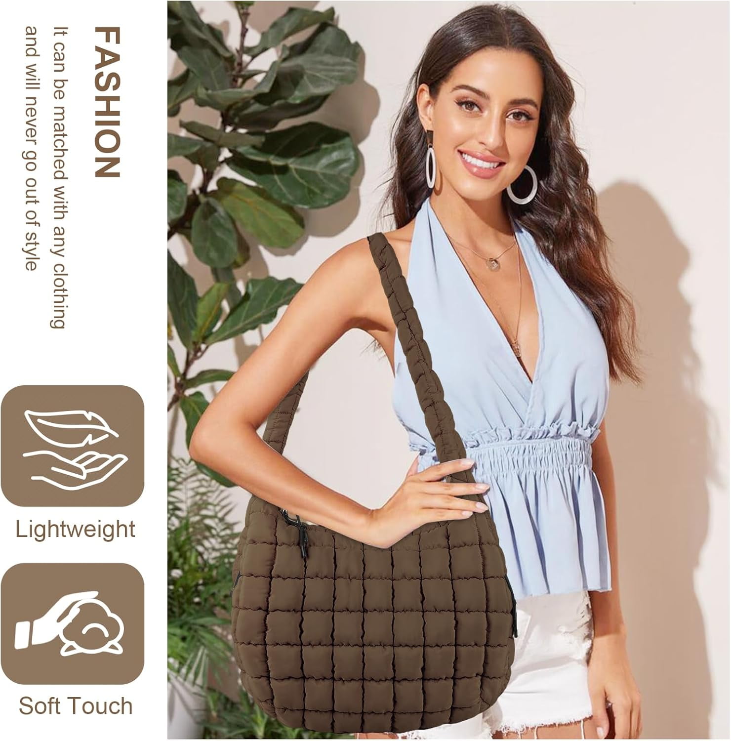 Lohol Quilted Puffer Tote Bag for Women - Large Crossbody Bag, Lightweight Nylon Puffy Carryall Hobo Puff Shoulder Bag-Brown
