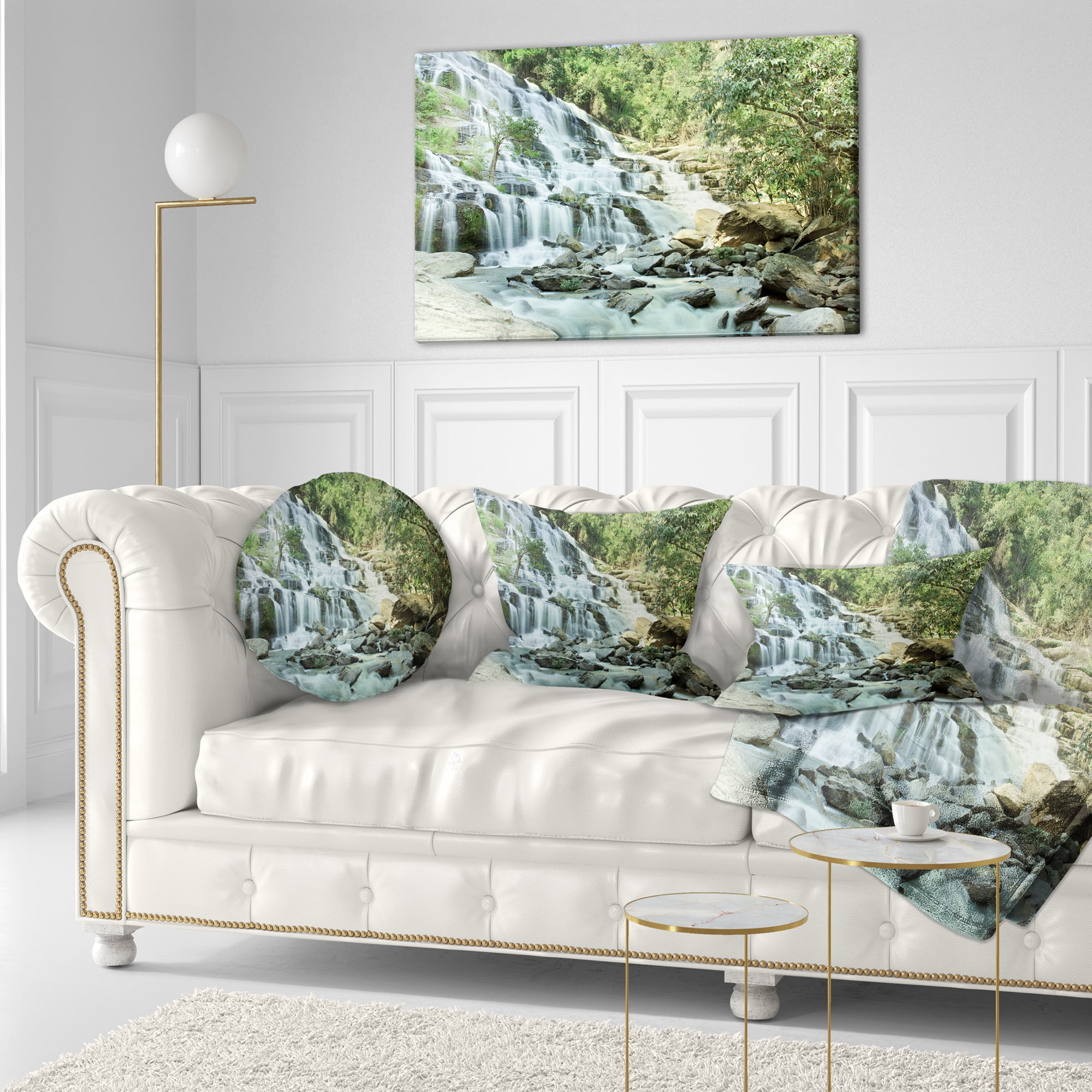 Designart Maeyar Waterfall in Rain - Landscape Photography Throw Pillow - 12x20
