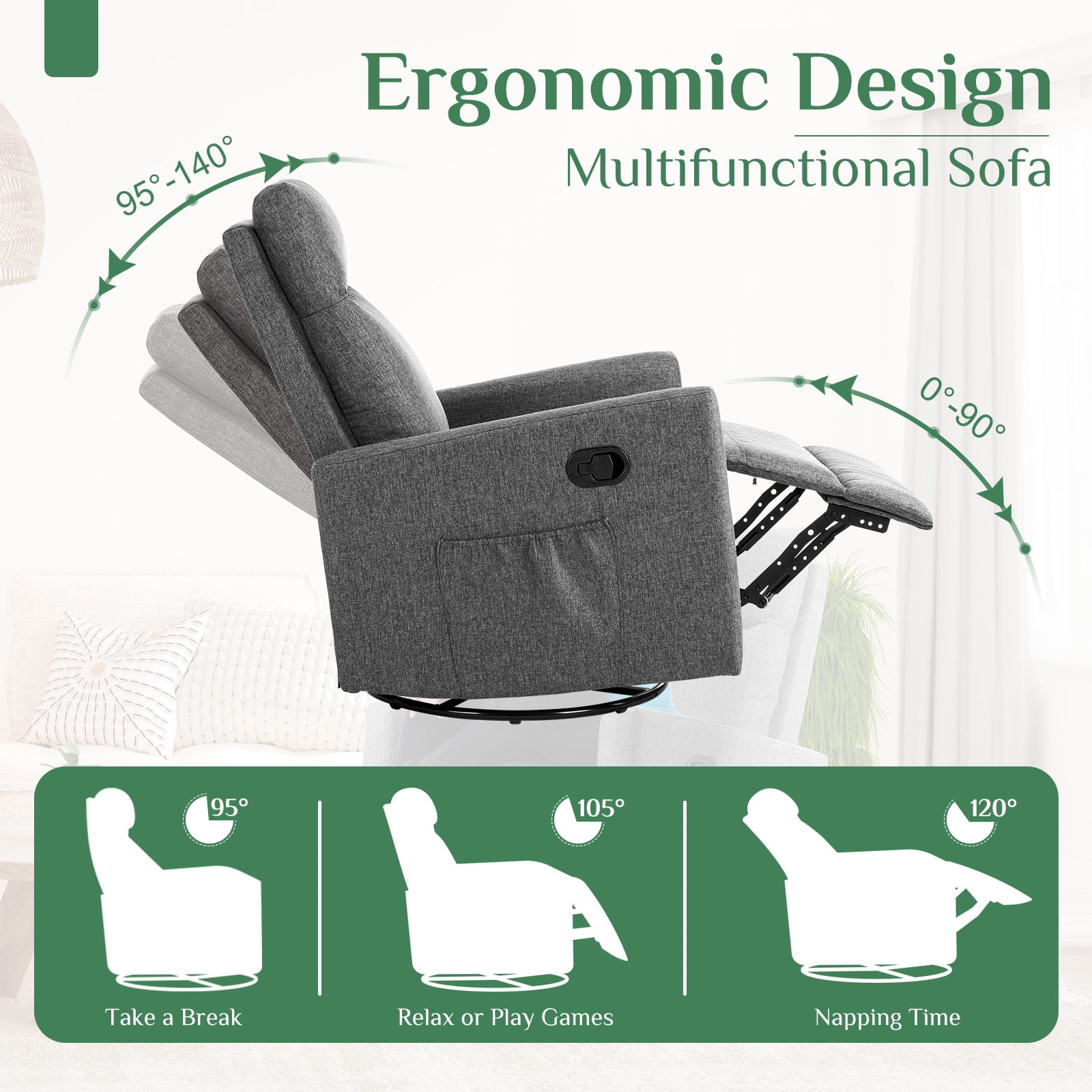 Gianna Swivel Recliner Chair, Living Room Glider Rocker Recliners, Nursery Massage Rocking Chairs
