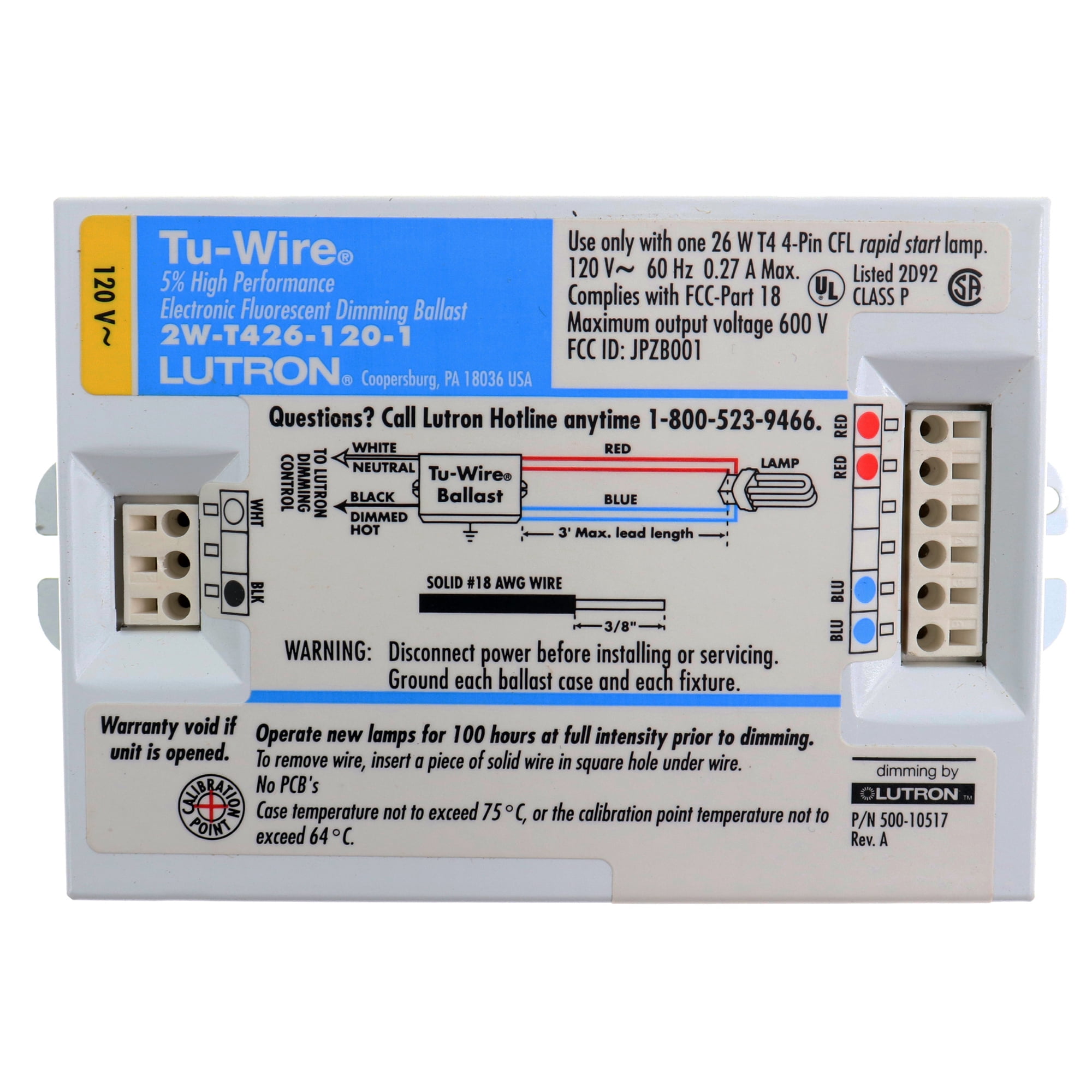 Lutron 2WT4261201 TuWire Fluorescent 5 Dimming Ballast, 1Lamp