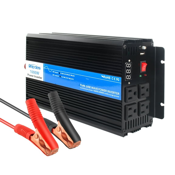 Bapdas 1000W Pure Sine Wave Power Inverter DC 12V to AC 110V Household Power 4 AC 110v Outlets and 1 USB Port with 80cm Battery Cables