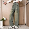 thumbnail image 2 of Ruyang Girls Fashion Wash Wide Leg Jeans High Waist Baggy Elastic Straight Trousers All Seasons Streetwear Denim Pants, 2 of 9