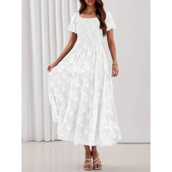 White Womens Boho Floral Tiered Maxi Dress, Square Neck, Short Sleeve, Smocked Waist, Flowy Loose Fit