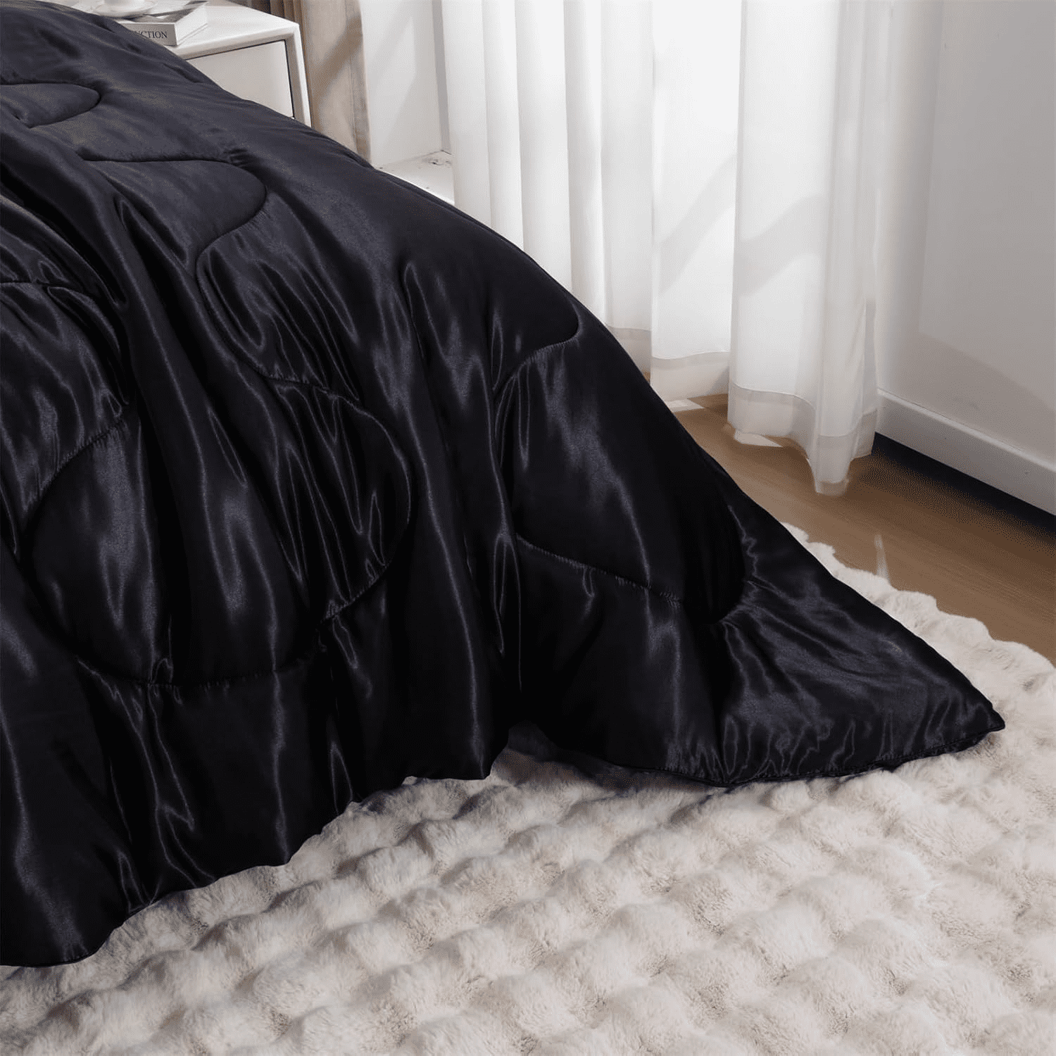 Btargot Satin Silky Soft Luxury Queen Comforter Set Solid Luxury Lightweight Bedding Set Black