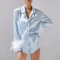 thumbnail image 4 of Conjunto de pijamas de 2 piezas para mujer, camisas de manga larga con puños de plumas lisas/de retazos, Tops + Pantalones cortos, ropa suelta para dormir/estar en casa, 4 of 4