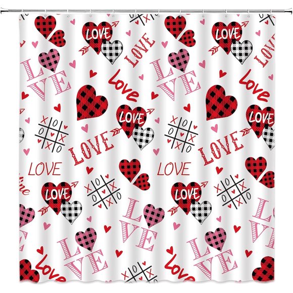 Rideau de Douche de la Saint-Valentin à Carreaux Buffalo Cœur Amour Doux Romantique Ferme Ensemble de Rideaux de Salle de Bain avec Crochets (70 Pouces L X 70 H)