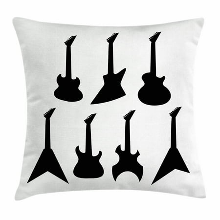 Rock Music Throw Pillow Cushion Cover, Various Guitar Silhouettes Acoustic Electronic Bass Abstract String Instruments, Decorative Square Accent Pillow Case, 20 X 20 Inches, Black White, by