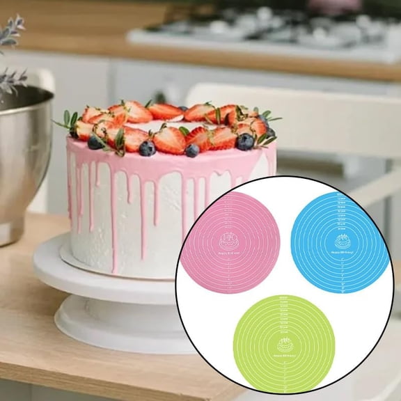 Silicone Cake Mats, Round Silicone Baking Mat with Measurements Reusable Non-Stick Non-Slip Heat Resistant Cookie Mat for Cake Turntable Pizza Dough Pastry Rolling (Pink, Blue, Green)