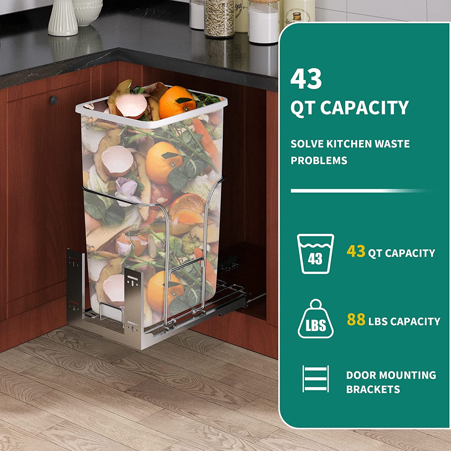 Dextrus 43 Qt/13 Gallon Pull-Out Trash Can Recycling Bin with Lid, Sliding Under Mount Kitchen Waste Garbage Container with Silent Slides, White