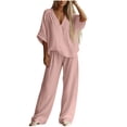 thumbnail image 2 of IUYRTFE Women's V-Neck Short Sleeve Top and Wide Leg Pants Set with Pockets Casual 2 Piece Lounge Outfit, 2 of 6