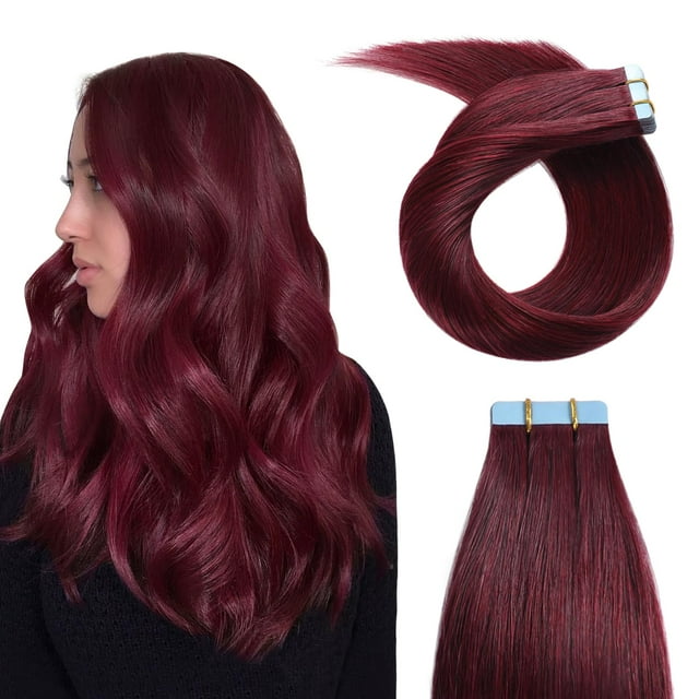 YILITE 99J Extensions de Cheveux Humains 22 Pouces 50g 20 Pcs Ruban Rouge pour Cheveux Remy Cheveux Humains, Fil de Peau Sans Couture 99J Ruban ins (22 Pouces 99J)