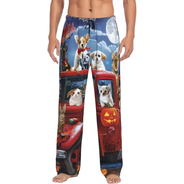 Fotbe Halloween Pets Pumpkins Pantalones de Pijama para Hombre, Pantalones de Dormir, Pantalones de Casa con Cintura Ajustable y Bolsillos-XX-Large