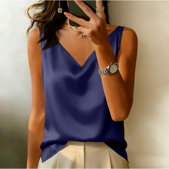 Women's Summer Sleeveless Silk Satin Tank Tops Blouse Loose Casual V Neck Blouses Shirt Navy 2XL