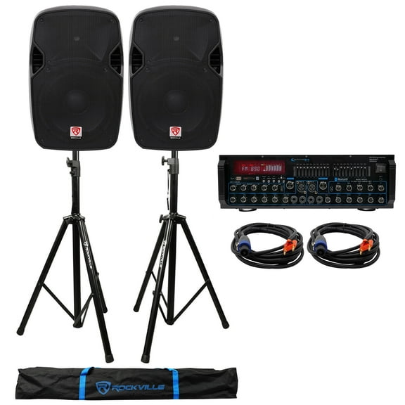 (2) Rockville SPGN124 12" 1200W DJ PA Speakers Bluetooth Amplifier/Mixer Stands