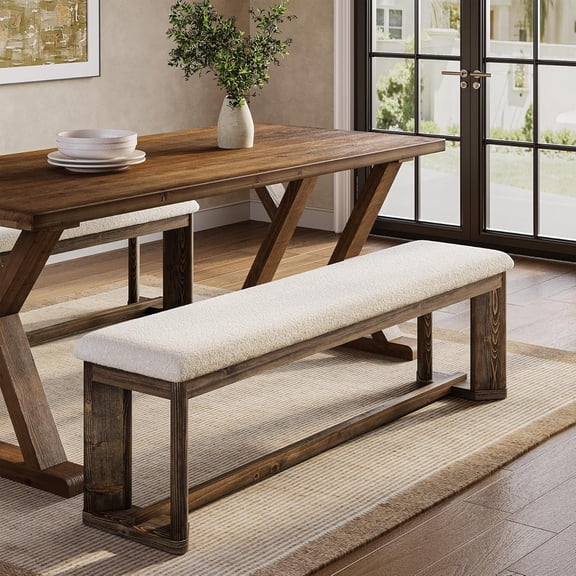Finmind 63" Solid Wood Dining Bench, Upholstered Entryway and Bedroom Bench with Faux Lamb Fur, Antique Brown