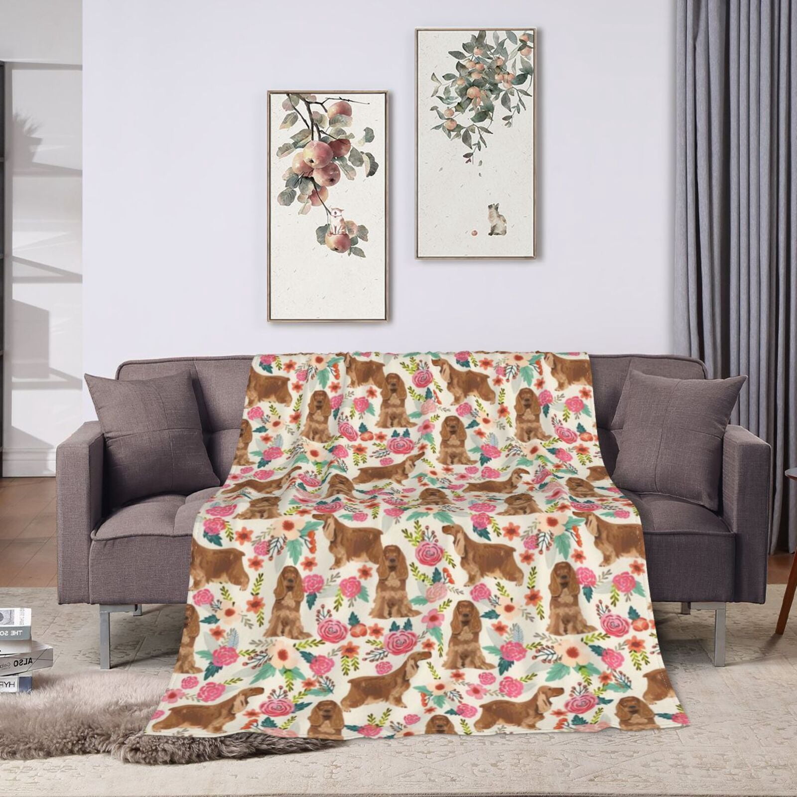 Wijzvio Spaniel Dogs Lovers Flower Floral Throw Blanket Soft Fuzzy Fleece Blanket For Couch Bed Living Room Decoration 80"X60"