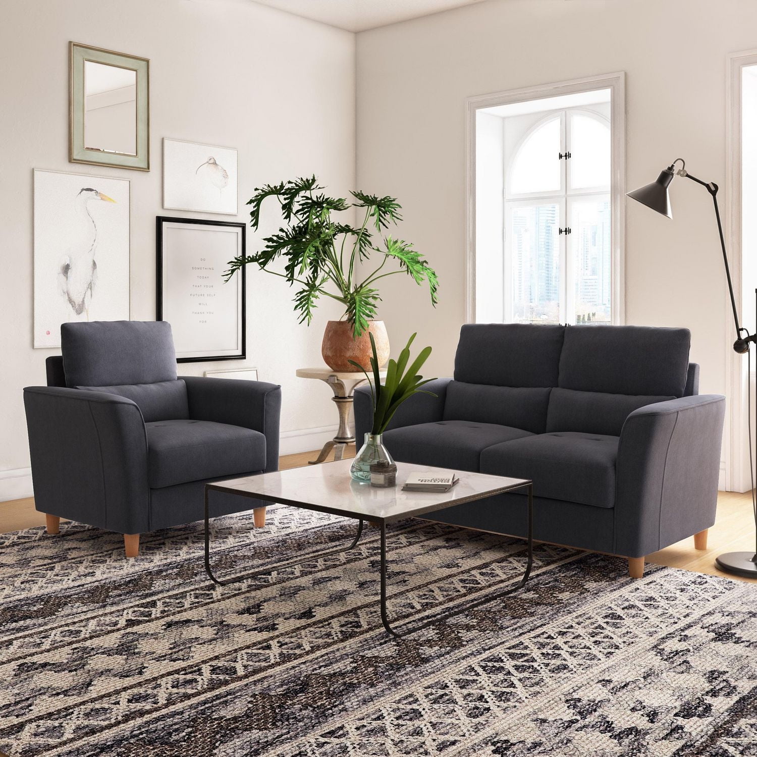 Ensemble de 2 chaises et causeuse d'intérieur rembourrées gris foncé Caroline Modern de CorLiving