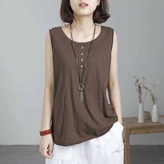 Xuyuer Womens Tank Tops Summer Spring Sleeveless Casual Cute Basic Trendy Loose Flowy Beach Shirt Vacation Outfits 2026 Scoop Neck Button Pullover Casual Loose Fit Dressy Tunic Tops