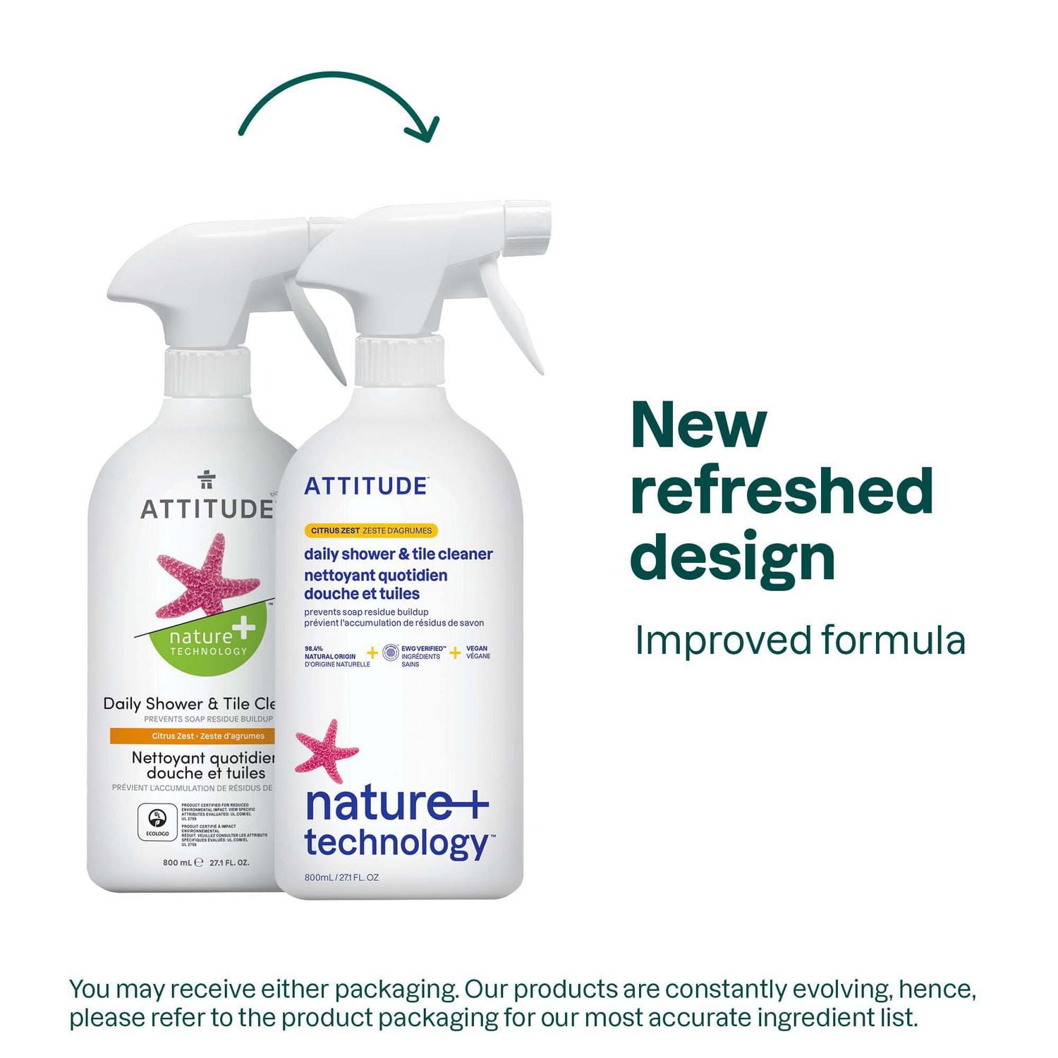 ATTITUDE Nettoyant pour Douche et Tuiles en spray, Zeste d'Agrumes, Nature+ Technology, 800ml 800 mL